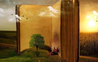 Open book depicting scenery with a tree