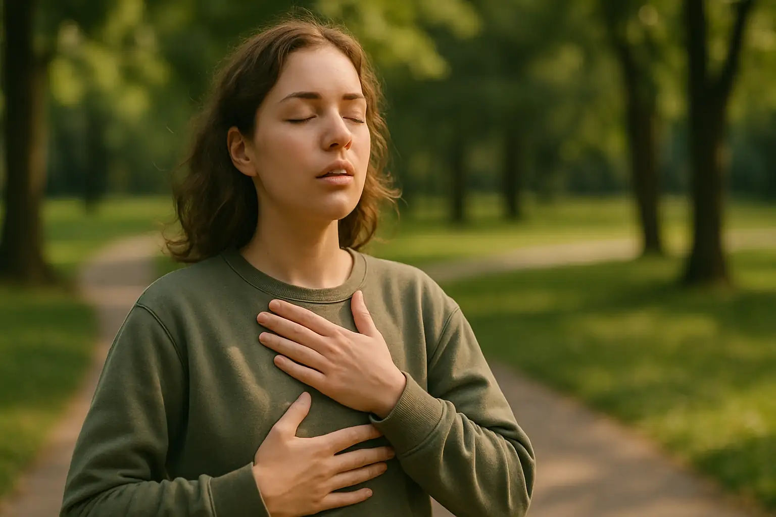 Woman breathing deeply outside
